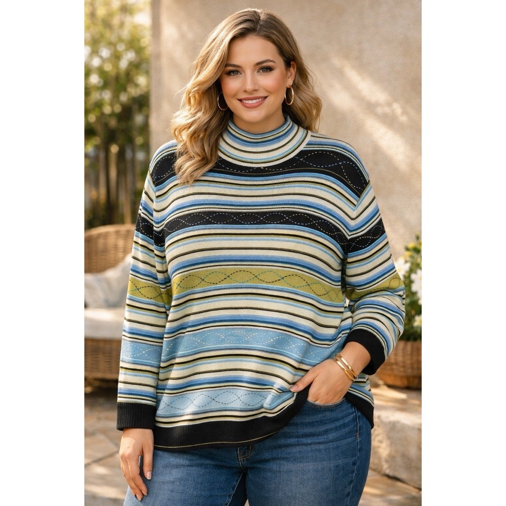 Sigrid Olsen Sweater 2X Pullover Coastal Artsy Retro Chic Embroidered Stripes